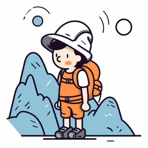 Cute little boy with backpack and helmet in mountains