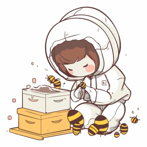 Illustration of a Kid Boy Wearing a Bee Suit Picking Honey