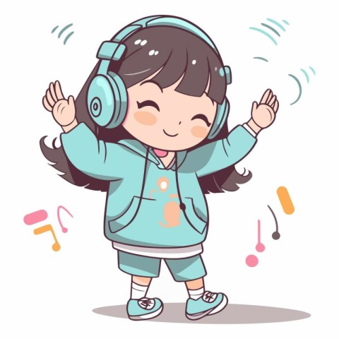 Cute little girl listen to music with headphones.