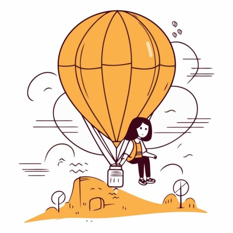 Vector illustration of a young woman flying on a hot air balloon