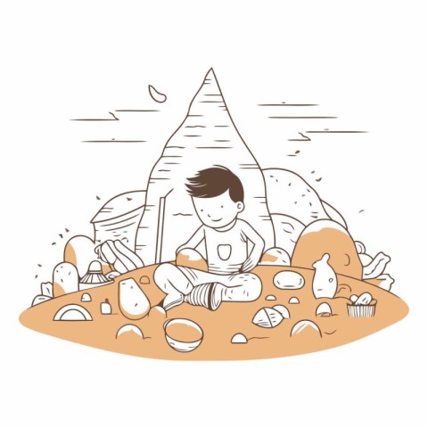 Cute little boy sitting on the rock and playing with stones.