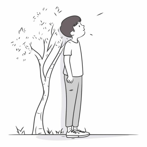 Illustration of a young man standing in the park and thinking.