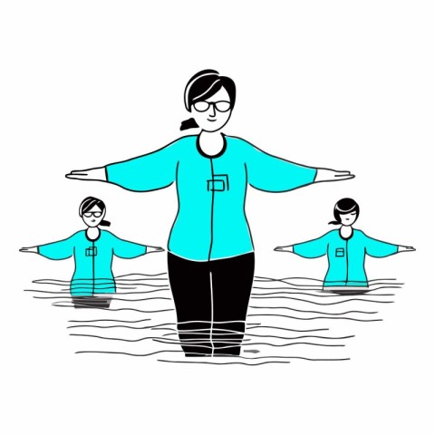 Vector illustration of a woman in a blue jacket standing in wate