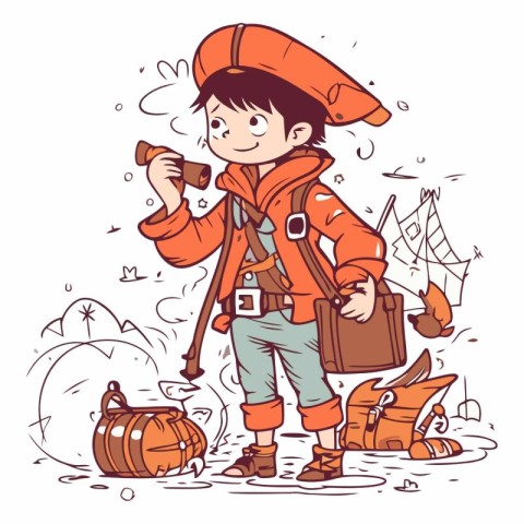 Cute little boy hiker with backpack and binoculars