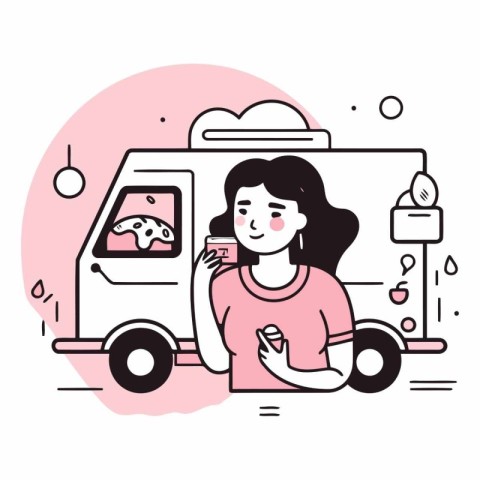 Vector illustration of woman eating pizza in food truck. Food de