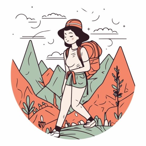 Vector illustration of a girl with a backpack hiking in the moun