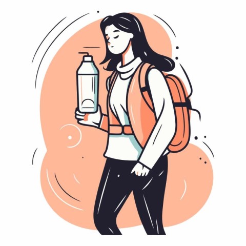 Vector illustration of a young woman with backpack and bottle of