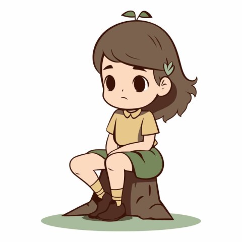 Girl sitting on a big rock in cartoon style.