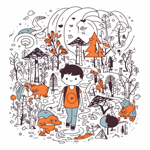 Hand drawn vector illustration of a little boy in the forest wit