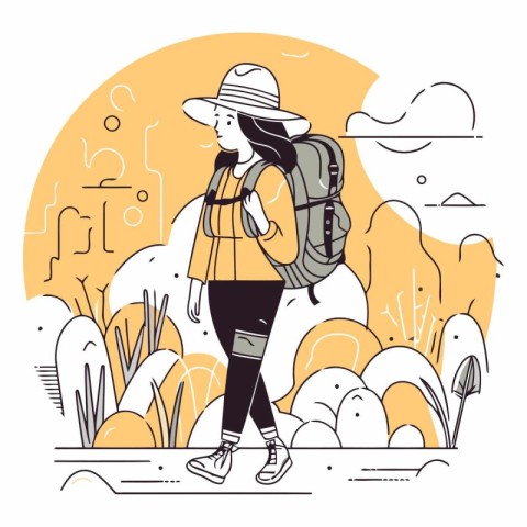 Young woman traveler with backpack and hat walking in the park.