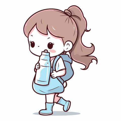 Girl holding bottle of water. Cute cartoon character vector illu