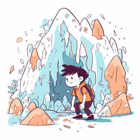 Cartoon vector illustration of a boy hiking in the mountains. Cu