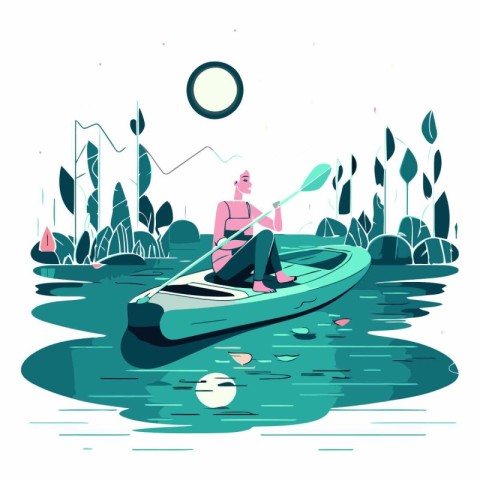 Vector illustration of a woman in a kayak on a lake.