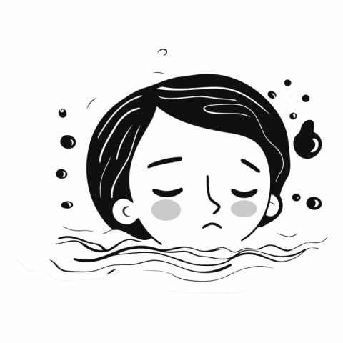 Girl washing her face in the sea. Black and white vector illustr