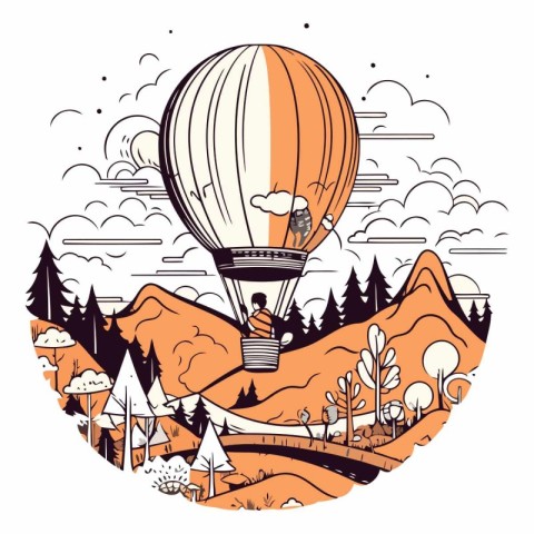 Vector illustration of hot air balloon flying over mountain land