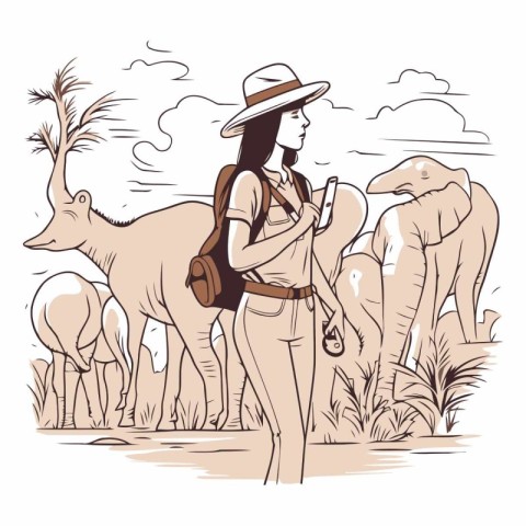 Woman traveler with a backpack in the savannah.