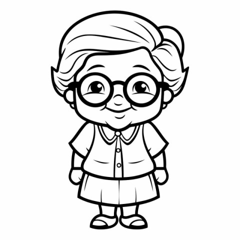 Black and White Cartoon Illustration of Cute Little Girl Student