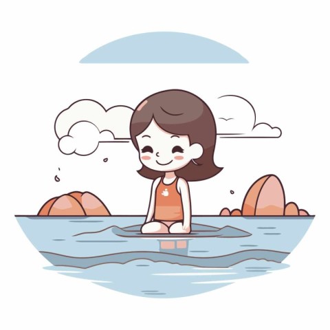 cute little girl with surfboard in the sea cartoon vector illust