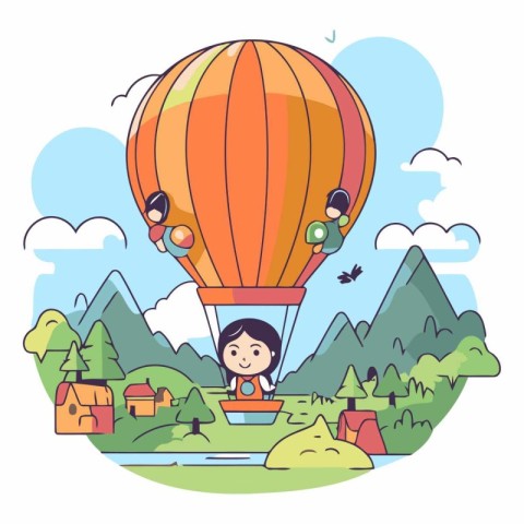 Cute girl flying in hot air balloon in cartoon style.