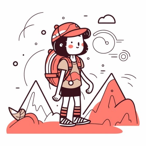 Cute girl hiker with a backpack on the mountain