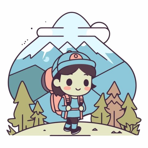 Cute boy with backpack hiking in the mountains.