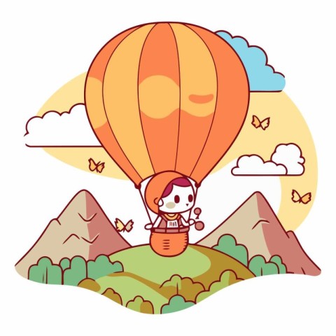 Cute little girl flying in hot air balloon.