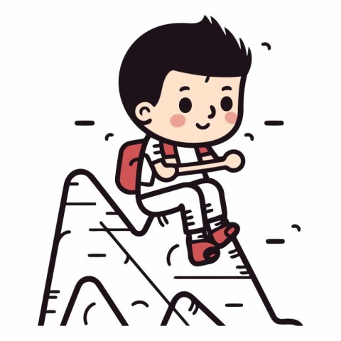 Boy climbing on top of a mountain in cartoon style.