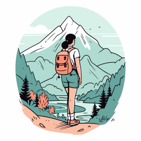 Hiking girl with backpack on mountain trail. Cartoon style.