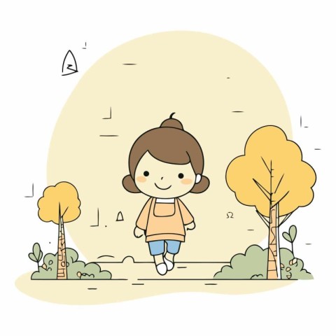 Cute little girl running in the park. Cartoon vector illustratio