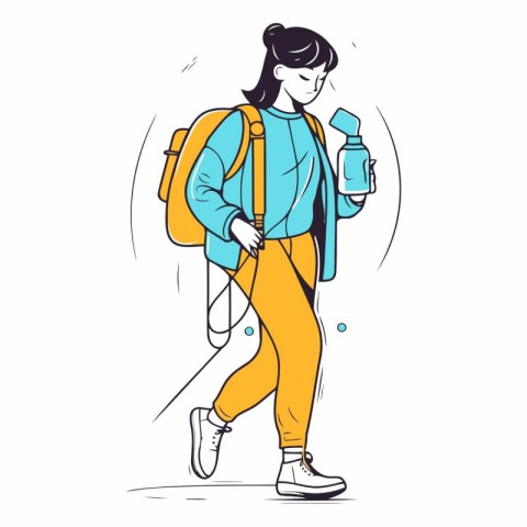 Vector illustration of a young woman with a backpack and a bottl