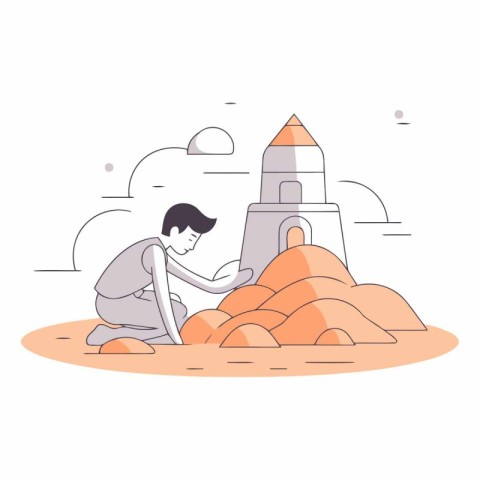 Vector illustration of a boy playing sand castle. Flat style des