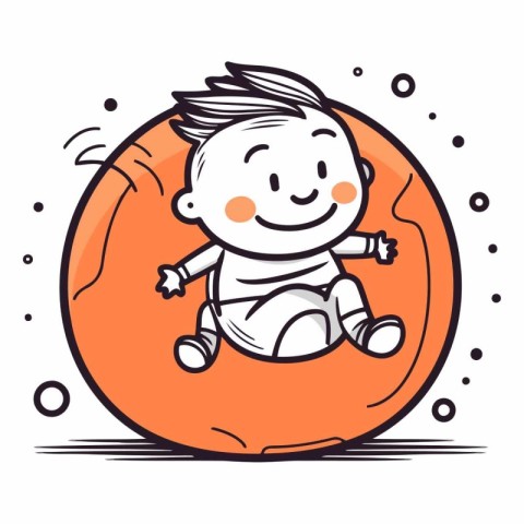 Little baby boy sitting on an orange circle. Hand drawn vector i