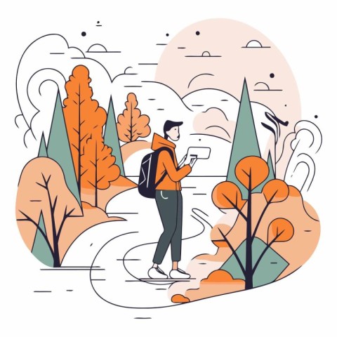 Vector illustration of a man walking in the autumn park with a s