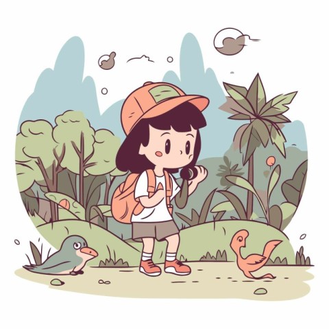 Little girl with backpack and birds in the park.