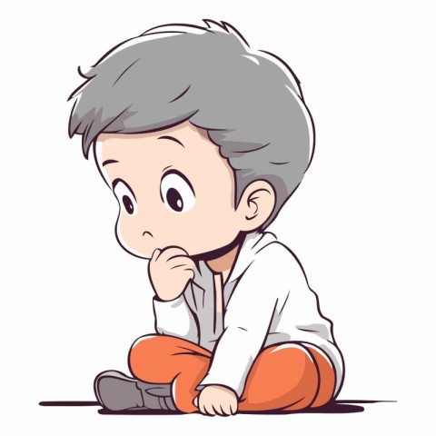 Illustration of a Cute Little Boy Sitting on the Floor and Think