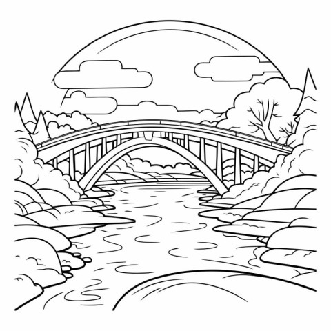 Bridge over the river black and white vector illustration for co