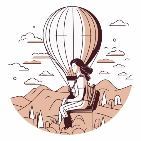 Vector illustration of a girl in a hot air balloon on the backgr