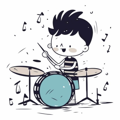 Boy playing drums. Cute hand drawn vector illustration in cartoo