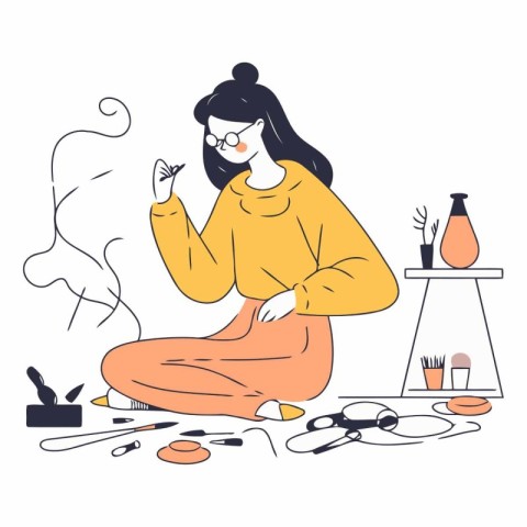 Vector illustration of a woman doing make-up sitting on the floo