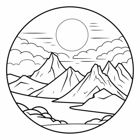 Mountains and sun icon. Outline illustration of mountains and su