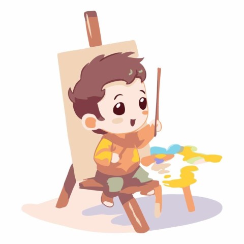 Little boy painting on easel. Cute cartoon vector illustration.