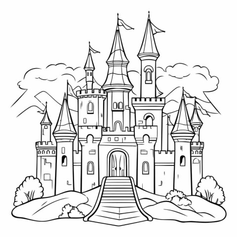 Fairytale castle in cartoon style for coloring book.