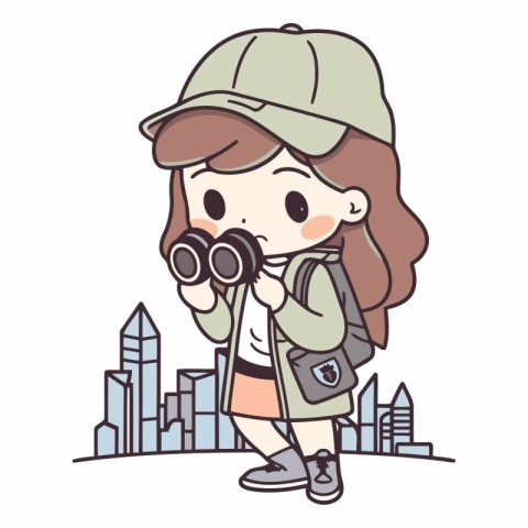 girl with binoculars and city in the background.vector illustrat