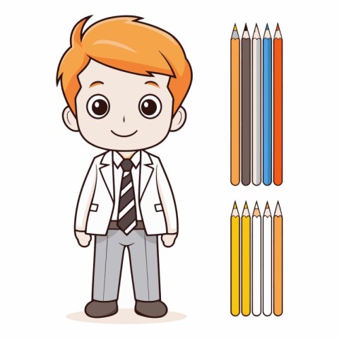 cute boy with pencils over white background. colorful design