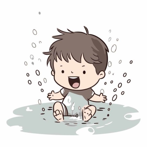 Cute boy playing in a puddle of water.