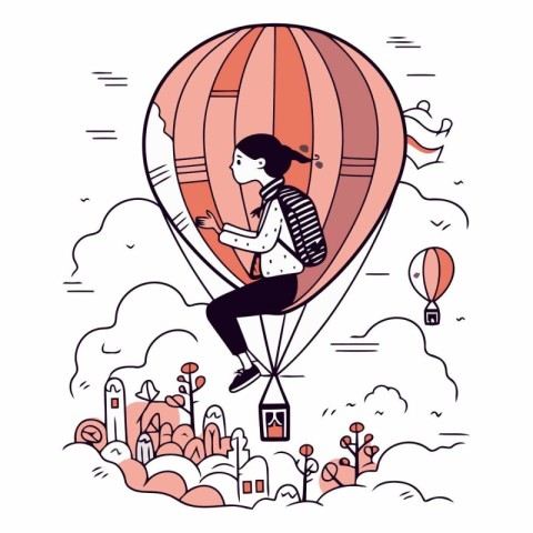 Vector illustration of a girl flying on a hot air balloon in the