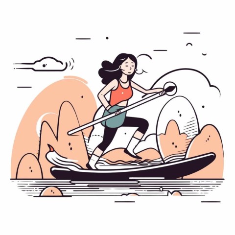 Sporty young woman riding on a surfboard.