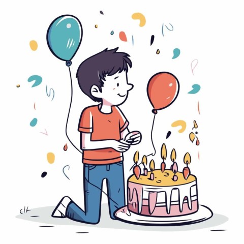 Cute boy blowing out candles on birthday cake.