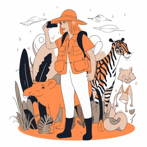 Tourist girl with binoculars and wild animals.