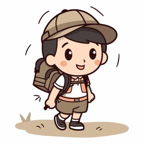 Illustration of a Kid Boy Hiking with Backpack and Hat